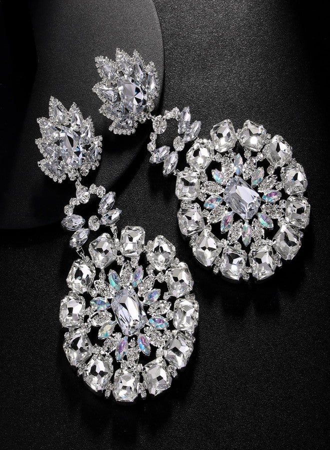 XSBODY Costume Silver Large Rhinestone Earrings Dangling Trendy Bling Oversized Statement Earrings For Women Formal (Silver7) - Image 5